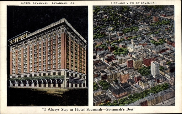 Ak Savannah Georgia USA, Hotel bei Nacht, Luftaufnahme