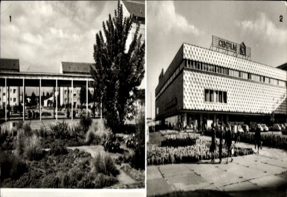 Postcard Hoyerswerda in Upper Lusatia, Centrum department store, planetarium in front of the Polytechnic High School