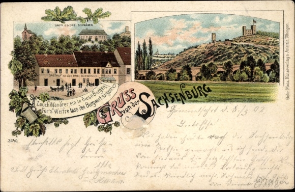 Chromo-Litho Sachsenburg in the Kyffhäuser district of Thuringia, Sachsenburg, Inn of the Three Swans