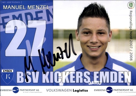 Karta z autografem piłkarza Manuela Menzela, BSV Kickers Emden, autograf