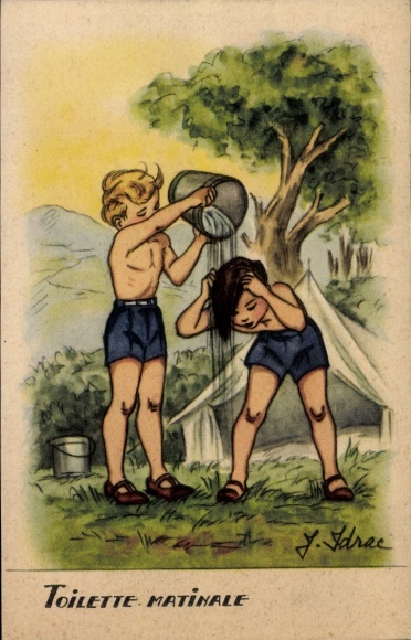 Künstler Ak Kinder beim Waschen, Zeltplatz, Einer mit Wasser