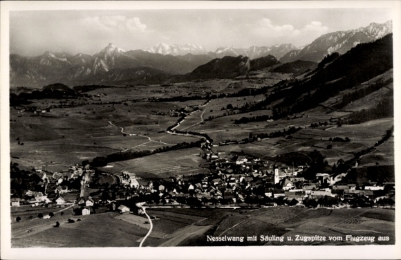 Postcard Nesselwang in Allgäu, aerial photograph with Säuling and Zugspitze