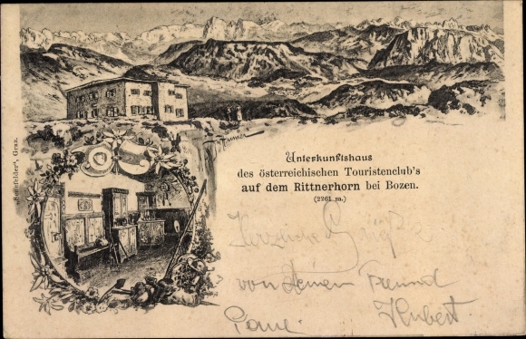 Postcard South Tyrol, accommodation house of the Austrian tourist club on the Rittner Horn, mountains