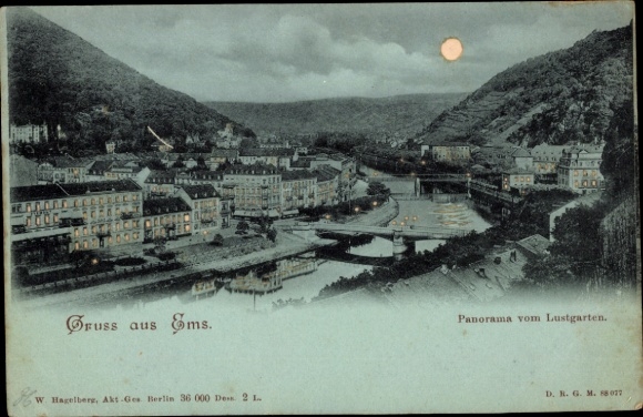 Mondschein Ak Bad Ems an der Lahn, Gesamtansicht, Lustgarten