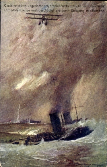 Artist Postcard Heusser, Harry, KuK naval flying boat pursuing Italian warships, I WK