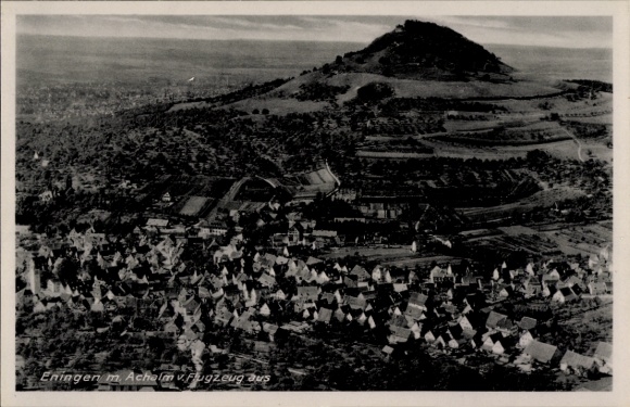 Postcard Eningen unter Achalm am Albtrauf, aerial view of Achalm in the background, apartment buildings