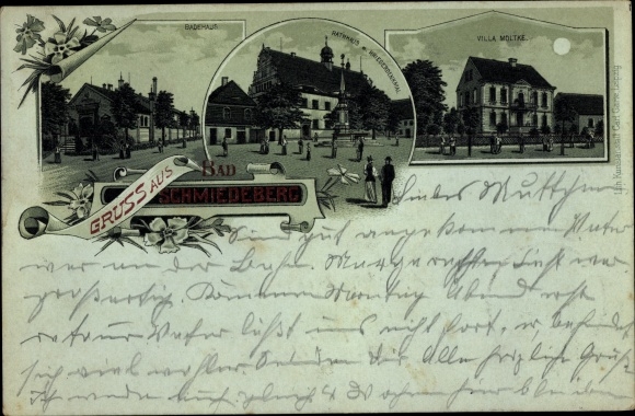 Mondschein Litho Bad Schmiedeberg in der Dübener Heide, Villa Moltke, Badehaus, Rathaus