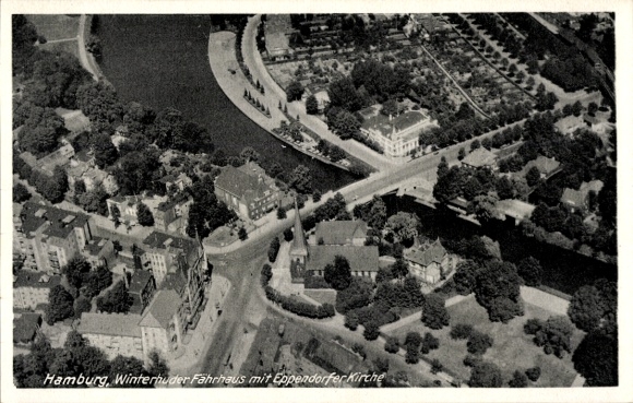 Postcard Hamburg Eppendorf, aerial photograph, Winterhuder Fährhaus, Eppendorf Church