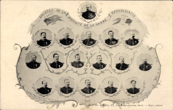 Ak Solistes de la Musique de la Garde Republicaine, drapeau americain et francais