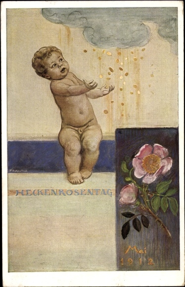 Artist PC Kaulbach, Friedrich August, Munich, Dog Rose Day May 1912, small child, rain of money