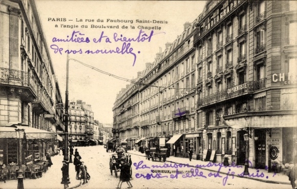 Ansichtkaart Paris X., Rue du Faubourg Saint Denis onder de hoek van de Boulevard de la Chapelle