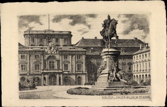 Künstler Ak Mannheim in Baden, Schloss, Kaiser Wilhelm Denkmal, Uhr