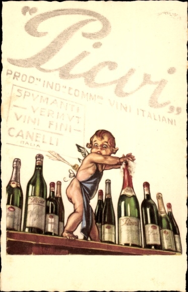 Künstler Ak Picvi, Sektflaschen, Tresen, Engel mit Schürze, Spumanti, Vermut, Vini Fini, Canelli