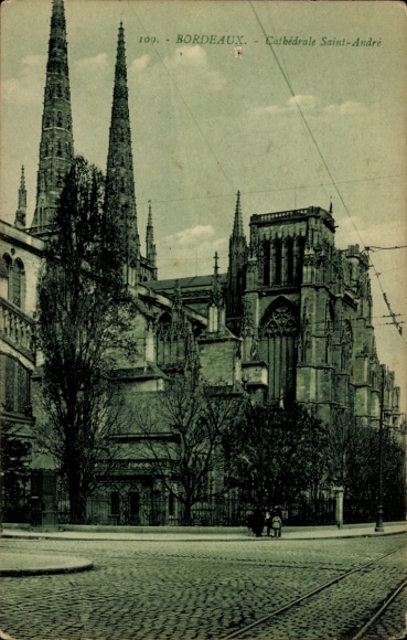 Picture Bordeaux Gironde, Saint-André Cathedral, high towers, trees, street view