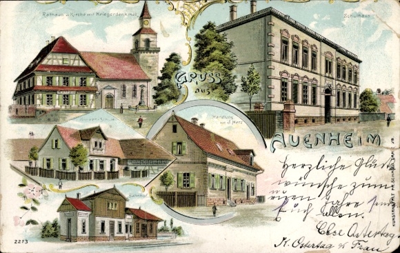 Chromo-Litho Auenheim Kehl am Rhein, town hall, church, war memorial, schoolhouse