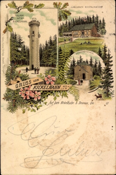 Postcard Ilmenau in Thuringia, Berghotel Gabelbach am Kickelhahn, Thurm, Gabelbach Restaurant, Greetings
