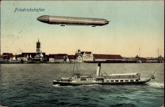 Widokówka z Friedrichshafen nad Jeziorem Bodeńskim, Zeppelin, parowiec