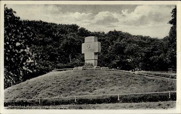 Postcard North Sea resort Norderney East Frisia, Heroes' Monument, concrete column, surrounded by trees, landscape