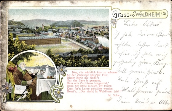 Chromo-Litho Waldheim in Saxony, general view, poem in dialect