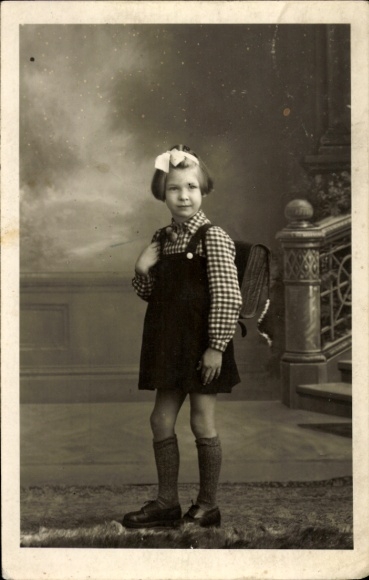 Photo Postcard Congratulations school enrollment, girl with school bag
