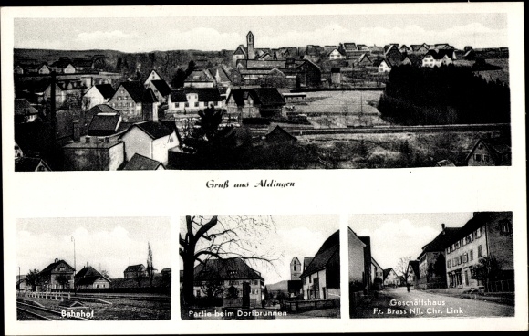 Ansichtkaart Aldingen Württemberg, overzicht, treinstation, dorpsfontein, Fritz Brass kantoorgebouw
