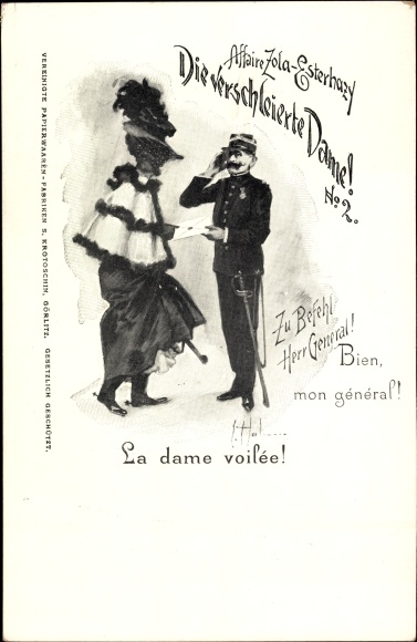 Judaica Artist Postcard Affaire Zola Esterhazy, La dame voile, The Veiled Lady, Dreyfus Affair