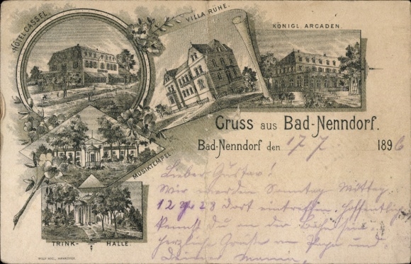 Litho Bad Nenndorf an der Weser, Königliche Arkaden, Trinkhalle, Villa Ruhe