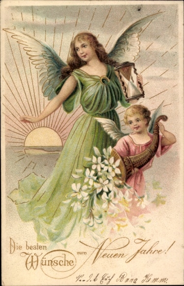 Embossed PC Happy New Year, angel with hourglass and cornucopia, flowers, sunrise