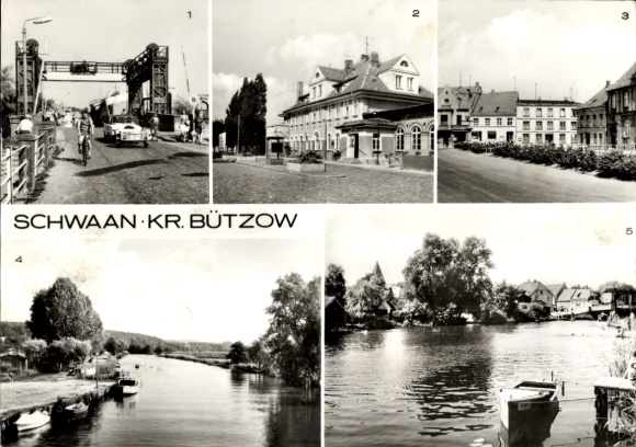 Postcard Schwaan in Mecklenburg, Ernst-Thälmann-Straße, train station, market, Warnow