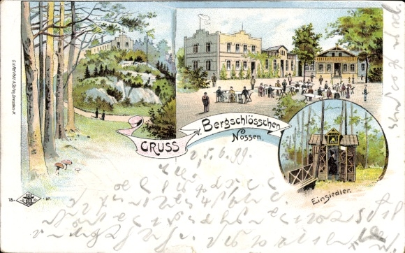 Chromo-Litho Nossen in Saxony, mountain castle forest landscape, people at activities, observation tower