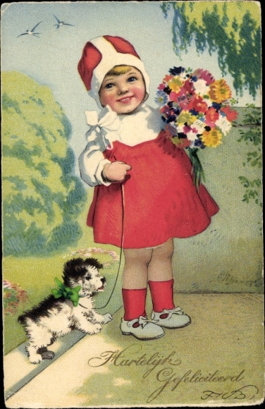 Artist PC Baumgarten, Fritz, well-wisher with bouquet of flowers, dog, Meissner & book 3080