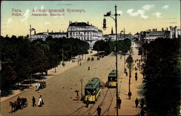Postcard Riga Latvia, Alexander Boulevard, trams