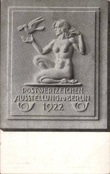 Papeteria pocztowa KP Berlin, wystawa znaczków pocztowych 1922, plastik, akt kobiecy, gołąb pocztowy