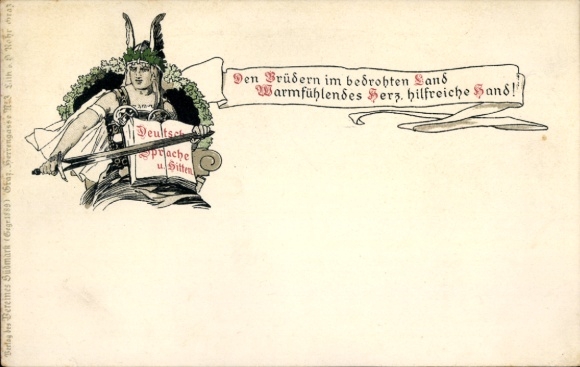 Ak Kriegerin mit Schwert, Den Brüdern im bedrohten Land, Warmfühlendes Herz...
