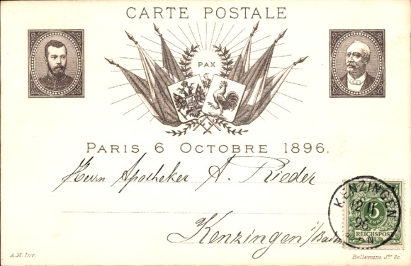 Ak Zar Nikolaus II., Präsident Félix Faure, Fahnen, Paris 1896