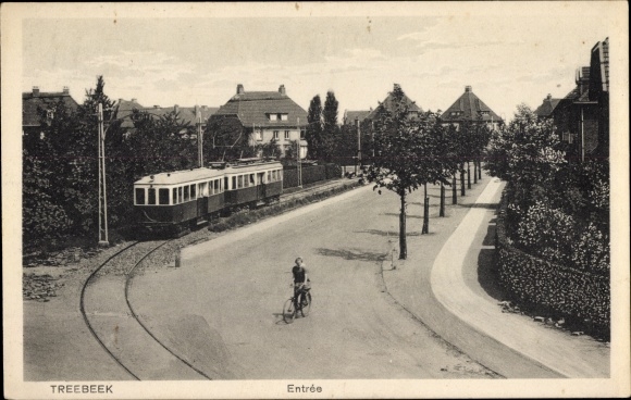 Postcard Treebeek Brunssum Limburg Netherlands, street, tram