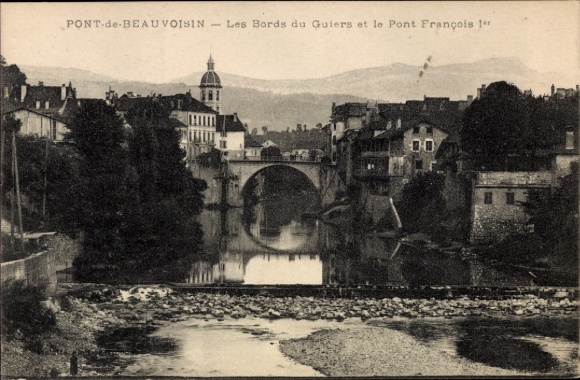 CPA Pont de Beauvoisin Isère, Les Bords du Guiers et le Pont François 1.