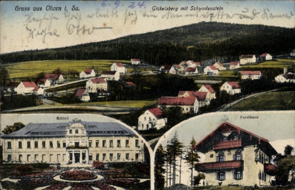 Ansichtkaart Gickelsberg Ohorn in Saksen, Groeten uit Ohorn I. 5a, Kasteel, Gickelsberg met Schwedenstein,...
