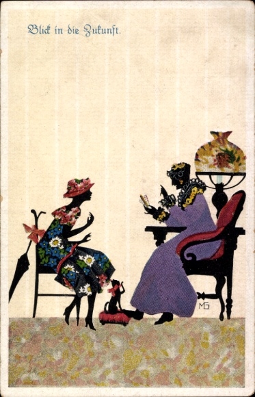 Paper cutting Postcard Graf, Marte, woman at the fortune teller, advertising, Heil schnell