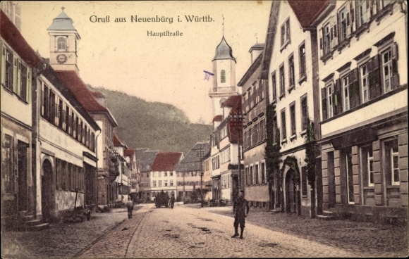 Postcard Neuenbürg Enzkreis Baden Württemberg, view of the main street, town hall, church tower