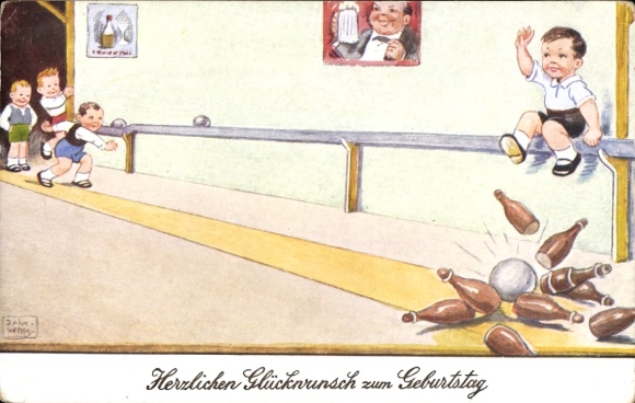Artist Postcard Wills, John, Happy Birthday, Boys Bowling