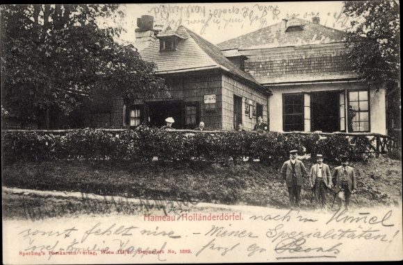 Postcard Hameau Holländerdörfel Wien Hernals, buildings, men