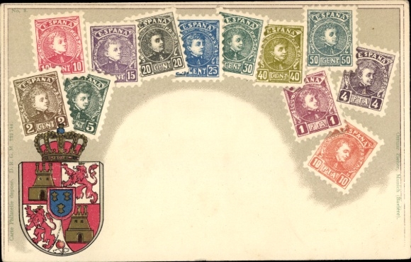 Stamps embossed PC Spain, coat of arms, peseta