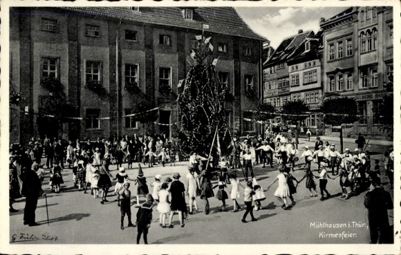 Postcard Mühlhausen in Thuringia, fair celebration, dancing children, festively decorated square, architect