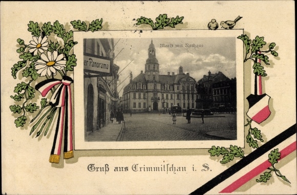 Passepartout Postcard Crimmitschau in Saxony, market with town hall, monument, oak leaves, panorama