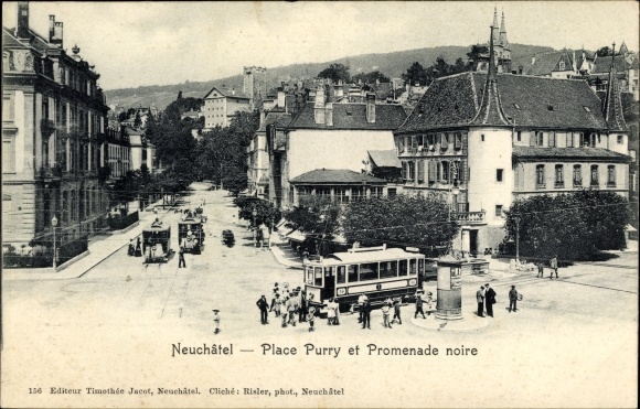 Postcard Neuchâtel Neuchâtel city, Place Purry et Promenade noire, trams