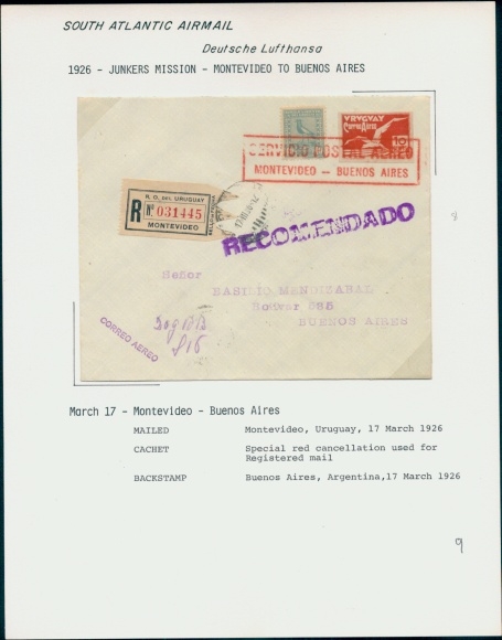 Letter Airmail Deutsche Lufthansa, South Atlantic, 1926 Junkers Mission Montevideo - Buenos Aires