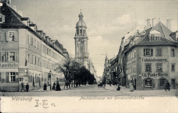 Postcard Würzburg Unterfranken, Neubaustraße, University Church, Grocery Store Gg. Pankr. Moritz