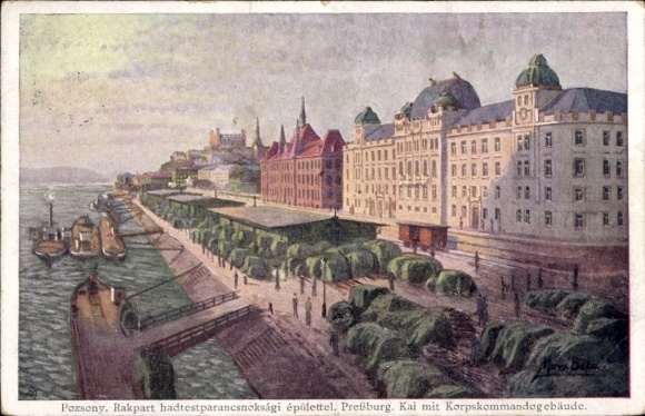 KP Pozsony Pressburg Bratysława Słowacja, nabrzeże, budynek dowodzenia korpusu