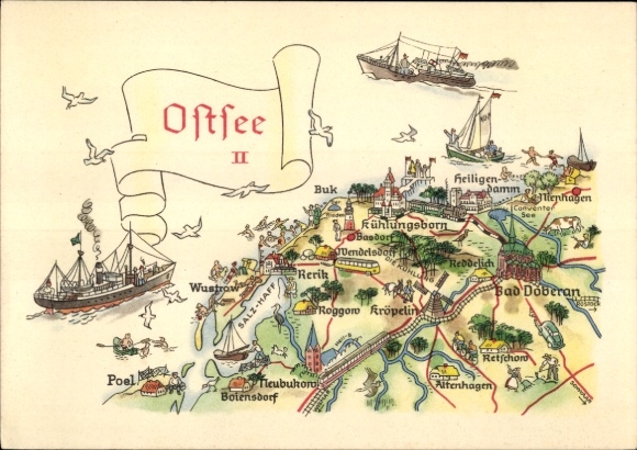 Maps Postcard Rerik, Baltic Sea, Buk, Wustrow, Poel, Kühlungsborn, Bad Doberan